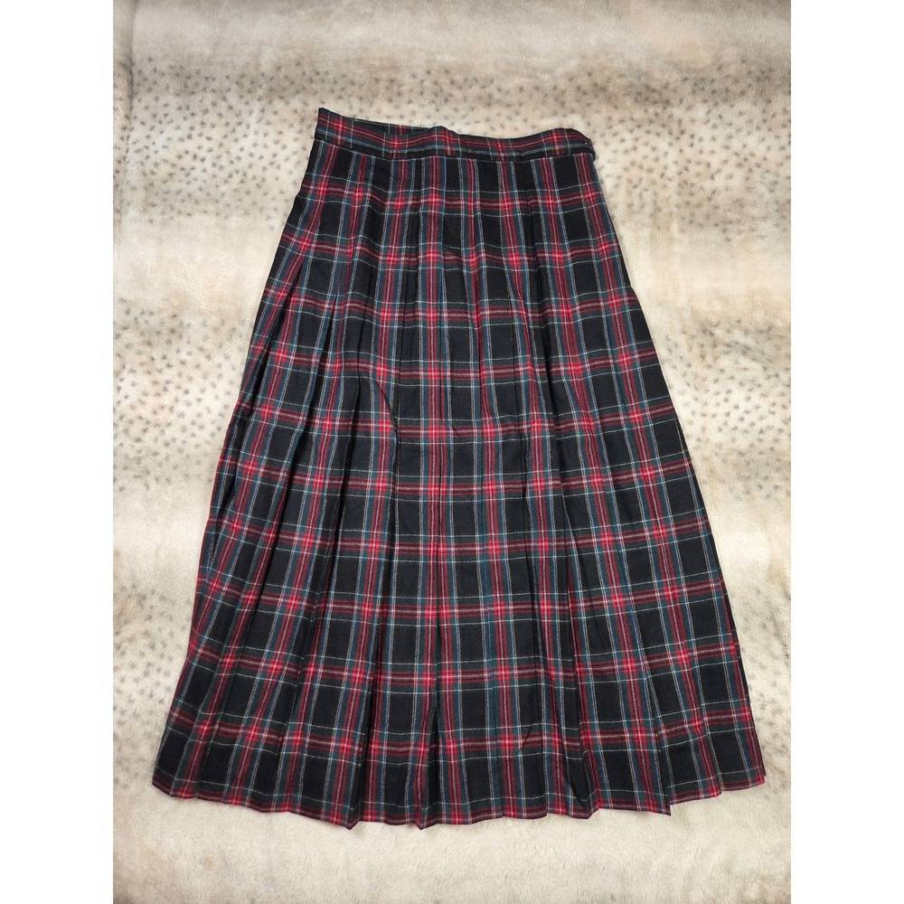 LL Bean Vintage 100% Wool Plaid Pleated Maxi Skirt Red Green Tartan USA 12 Reg